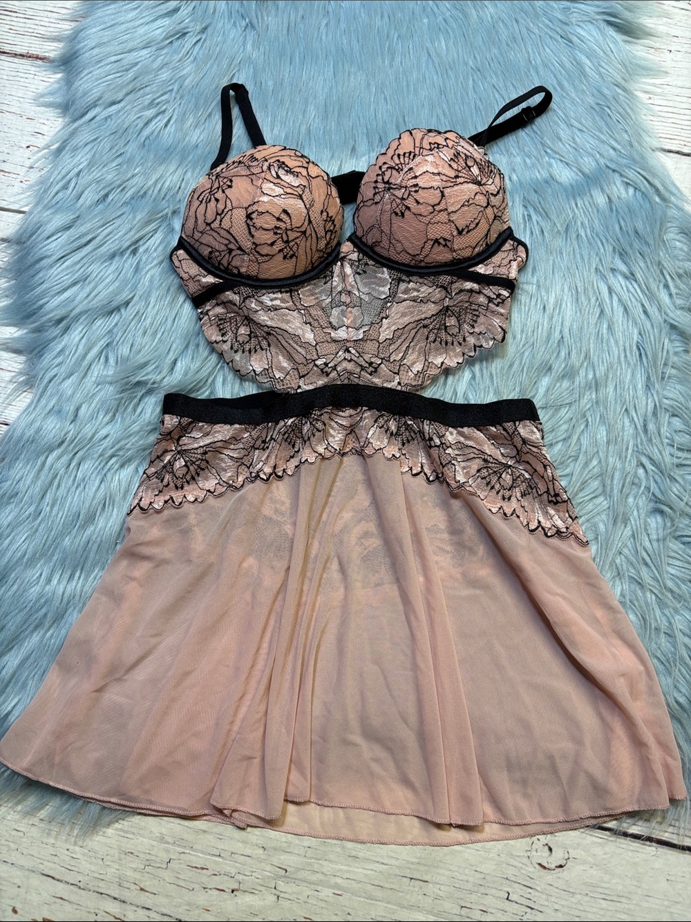 Auden Blush Pink and Black Lace Babydoll Chemise Sz S